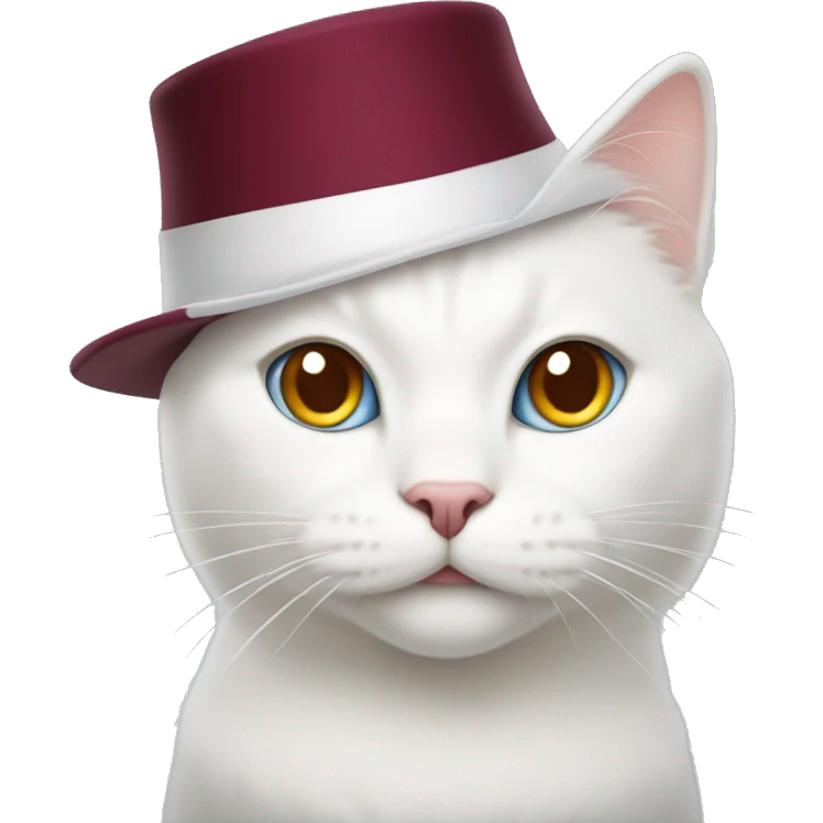 white cat with a New Year's burgundy hat on his head emoji