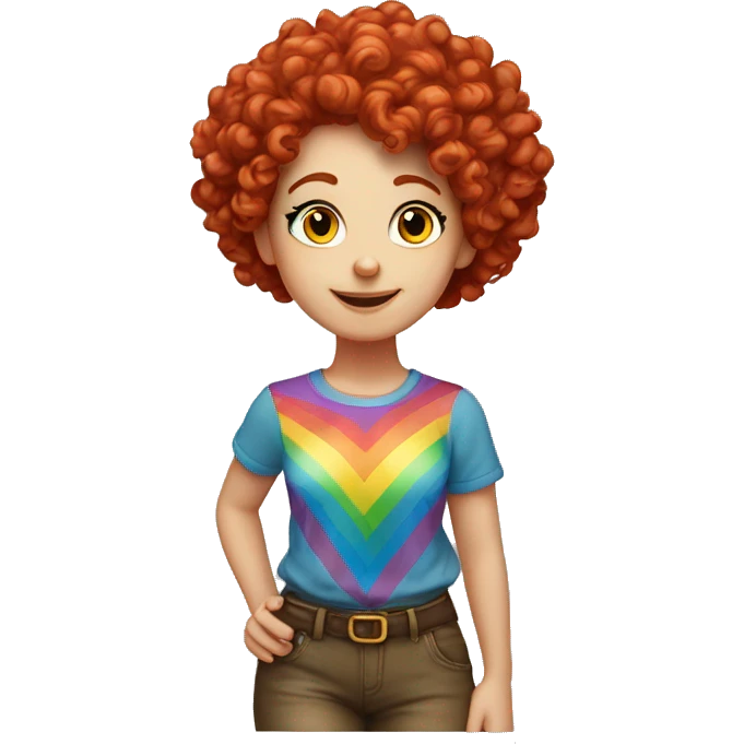 white girl with red curly hair, wearing a rainbow shirt doing a pose emoji