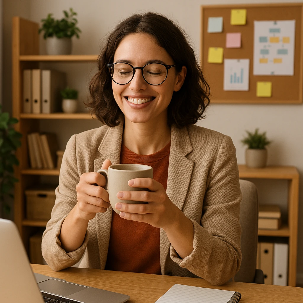 a relaxed and happy female project manager holding a coffee cup in a cozy office setting emoji