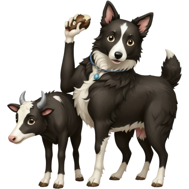 A black and white border collie werewolf, standing on her hind legs, holding a cow's hoof. emoji