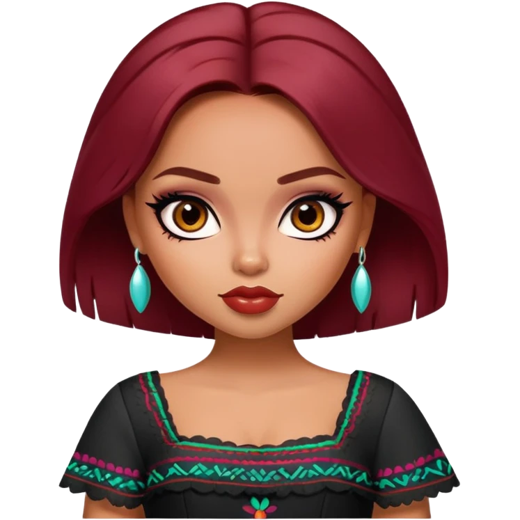 pretty bratz girl, dark red hair,  mexican, brown eyes, black eyeliner, mexican skin emoji