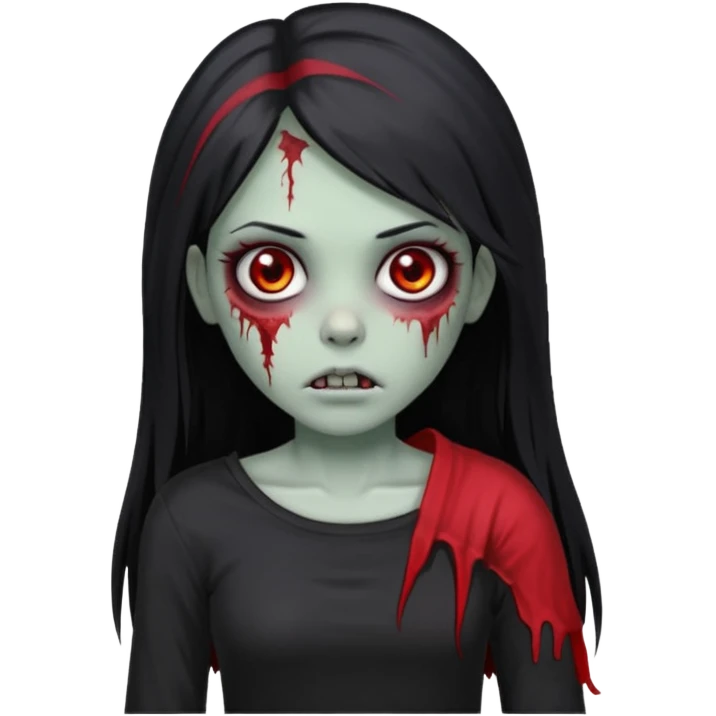 Garota zumbi com cabelo todo preto liso longo e mechas vermelhas na lateral da cabeça dos dois lados, usando uma blusa com um lado da manga caida preta  emoji