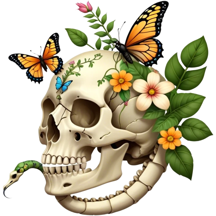 Bird skull with plants, flowers, snake, butterflies  emoji
