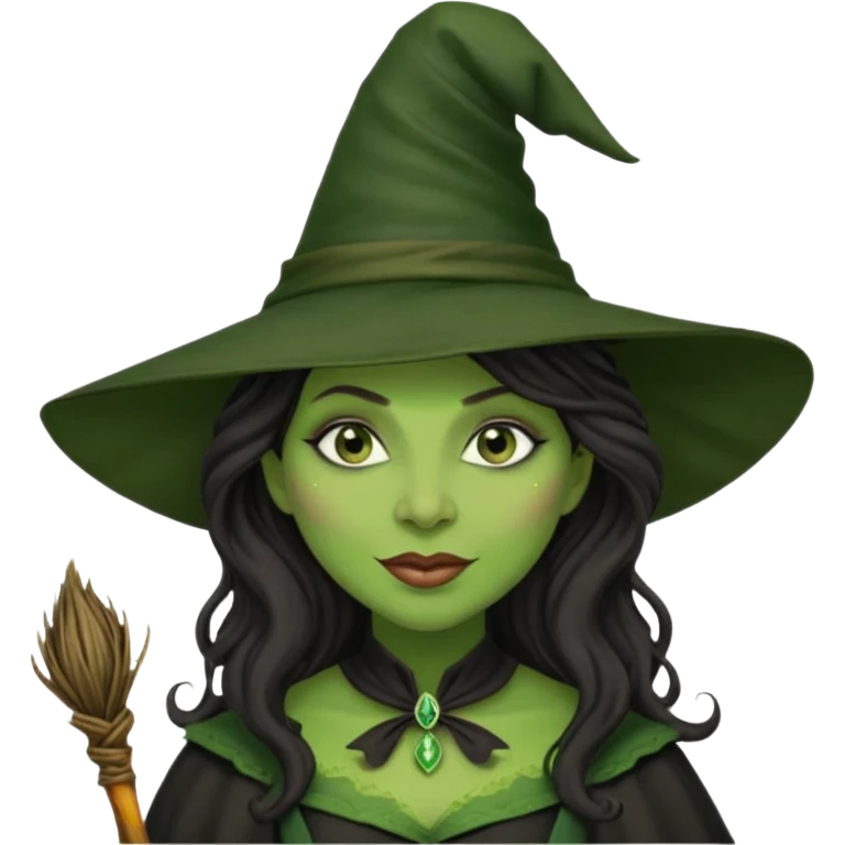 elphaba the wicked witch from wicked movie (cynthia erivo) dark long curly hair, thick lips, wide nose, green skins, witch hat, witch broom, evil, wicked musical film, evil smirk emoji