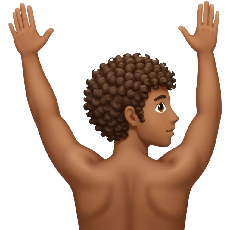 Half body brown skin guy with curly short hair turned around to his backside with his hands up emoji