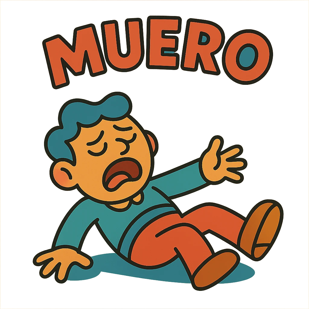 stylized dying little man with the word 'muoro', colorful cartoon style, soft lines, dramatic expression emoji