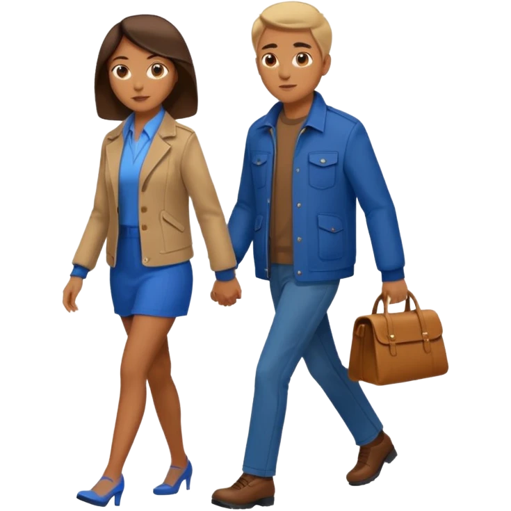 woman in brown jacket walking with man in blue jacket emoji