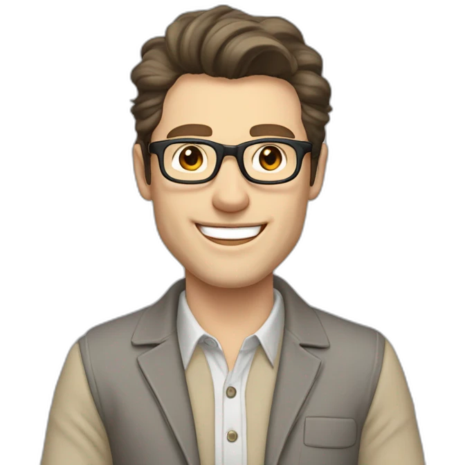 Joyful Pale skinned Fit Man With dark brown hair in gray jacket, beige office shirt, Brown pants and vintage glasses. His thrumbs up emoji
