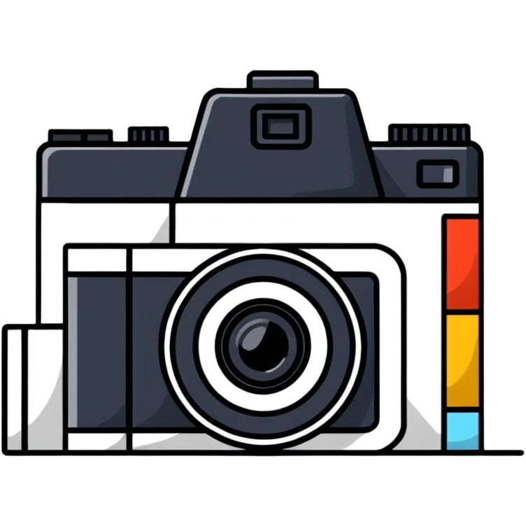 Film photography setup with camera, film rolls, and developed photos emoji