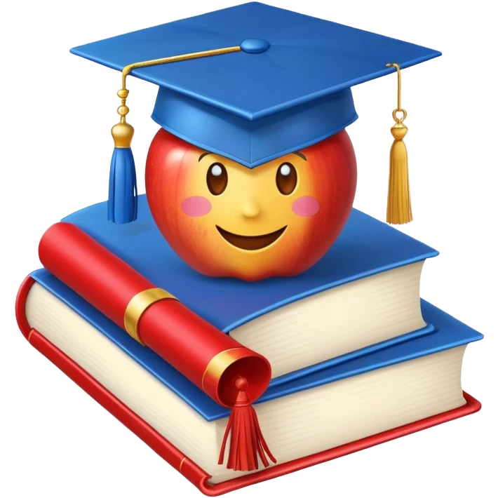 Apple emoji style graduation cap with a blue tassel, floating above an open book, clean background, cheerful emoji