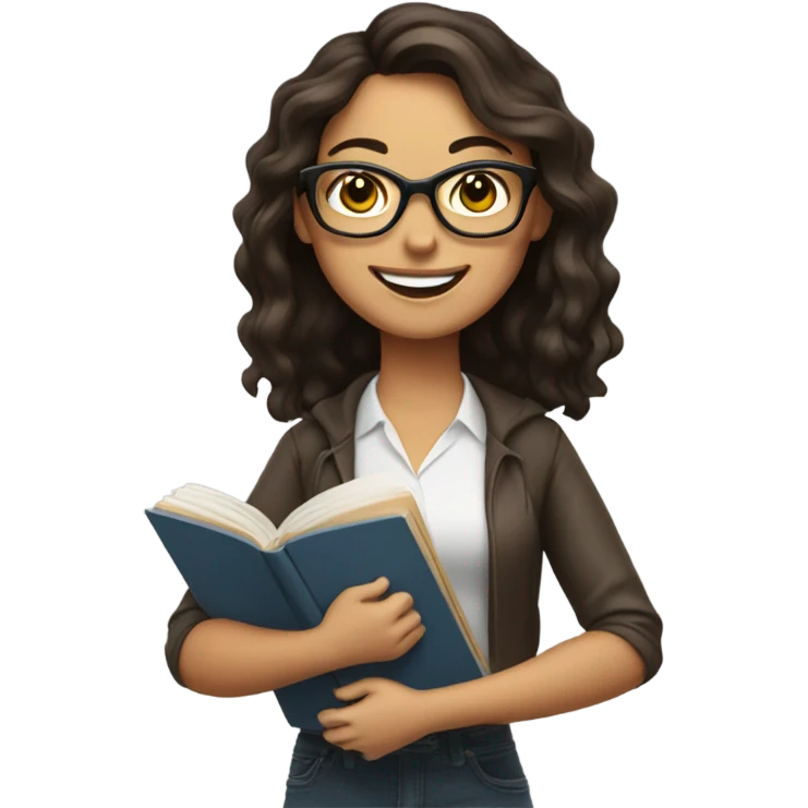 smiling brunette woman with glasses holding books emoji