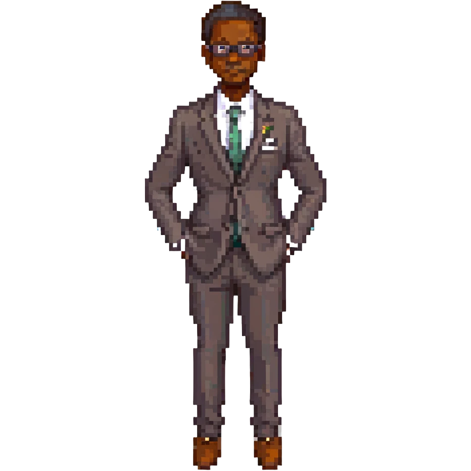 a dark-skinned man in a suit with glasses, full-length emoji