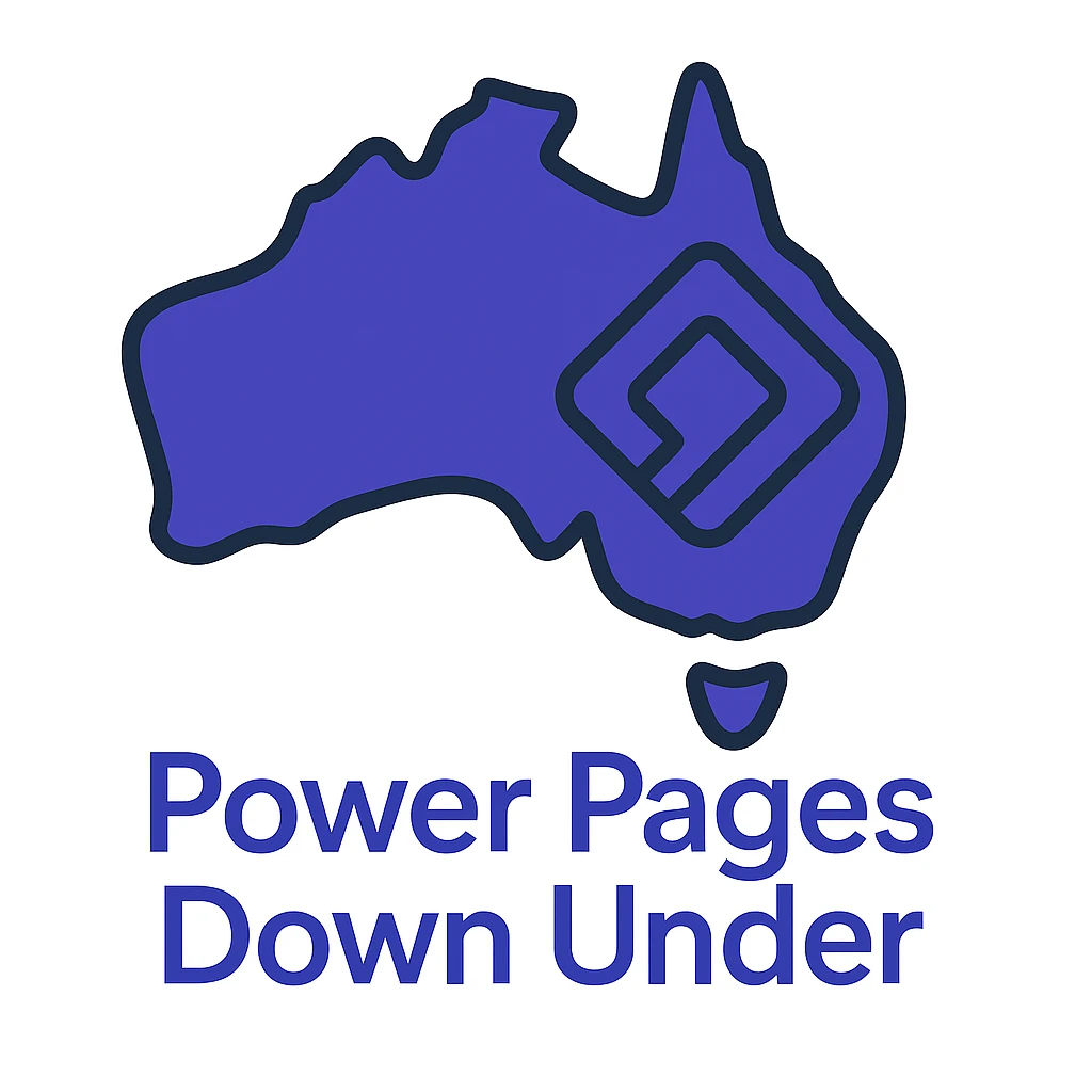 Update the text to 'Power Pages Down Under' in the same clean, modern font style below the map of Australia with the official Microsoft Power Pages icon overlay. Use #403DAD as the main color, no digital web overlay emoji