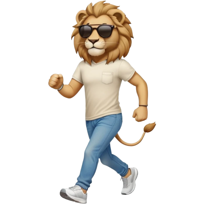 friendly anthropomorphised lion in jeans and a t-shirt, wearing dark sunglasses, jogging upright in relaxed pose emoji