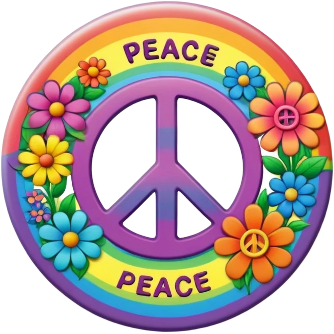 A round psychedelic colored button with the word “peace” in the center with rainbow colored hippie style flowers emoji