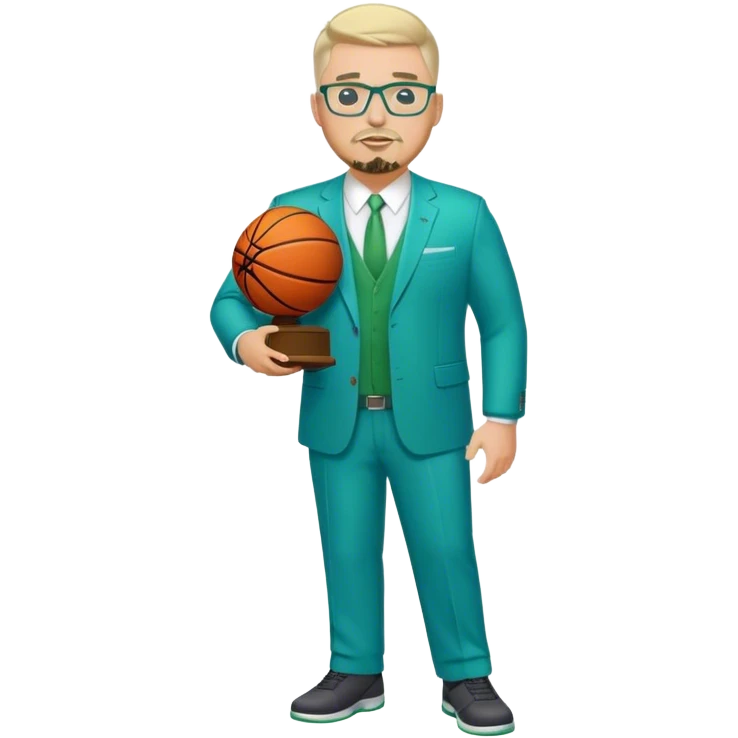 Full Body white male plus size body type  wearing glasses with a goatee with light blonde gray very short hair basketball head Coach in blue and green suit holding trophy emoji