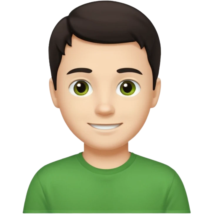 Um rapaz branco de olhos e cabelos escuros e camiseta verde emoji