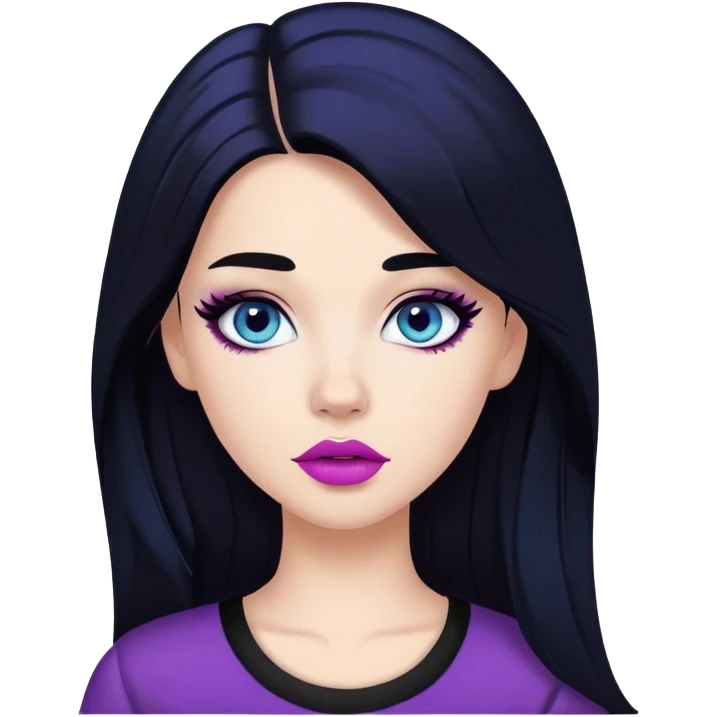 A white girl with dark ocean blue eyes, with long black hair, with a beautiful black makeup, half pink mouth and a black blouse with the name "Justin Bieber" written in purple emoji