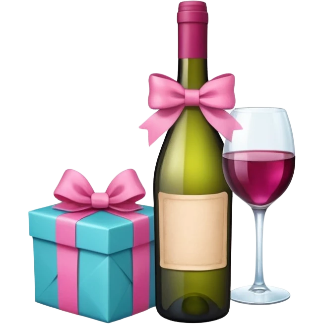 a wine bottle wrapped as a gift with a pink bow emoji