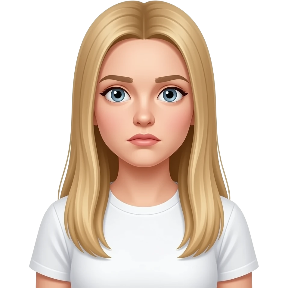 bella ragazza russa bionda capelli lisci lunghi e occhi chiari, con maglietta bianca e molto confusa emoji