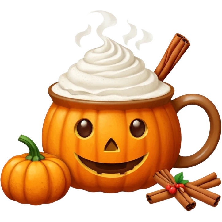 Steaming coffee Mug with whipped Cream and cinnamon Dust on Cream.  Small Punkin and 3 sticks of cinnamon next to mug emoji