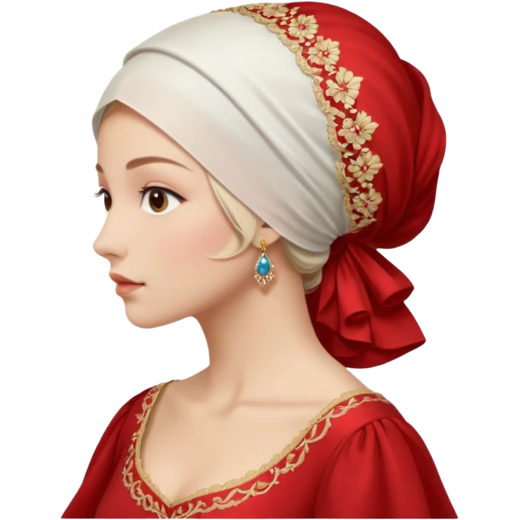 mujer de perfil con un vestido rojo de manga y falsas largas y voluptosas, y una toca blanca que cubre su cara emoji