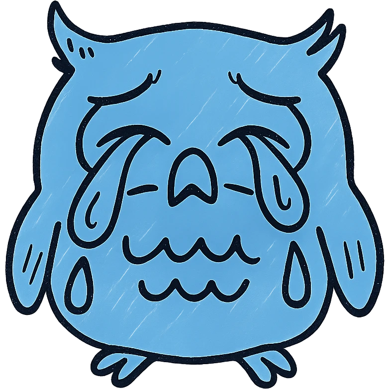 Make the crying owl blue while keeping the hand drawn black outline style, with no background (transparent). emoji