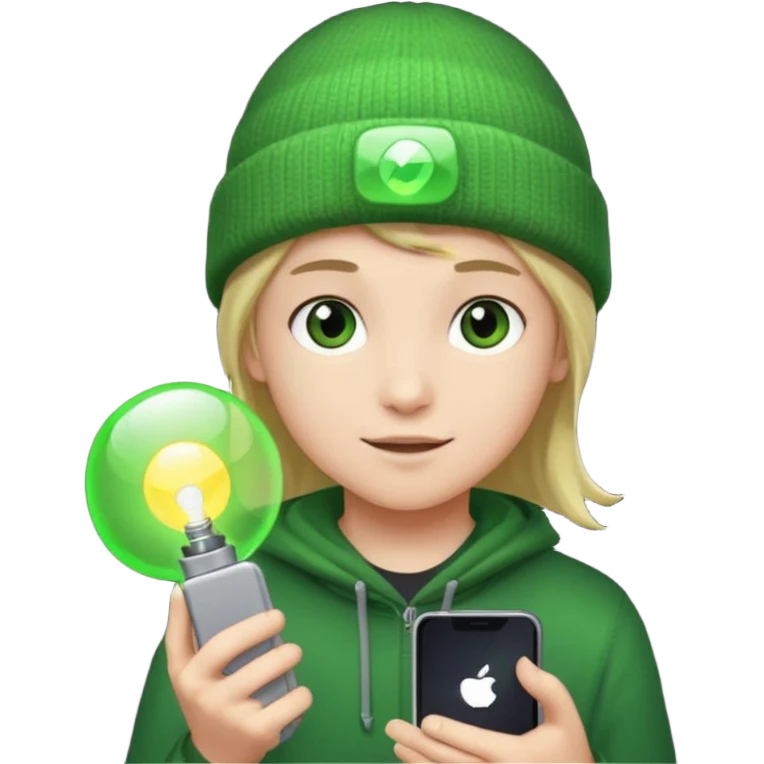 Teen hero in green beanie, holding glowing gadget.



































 emoji