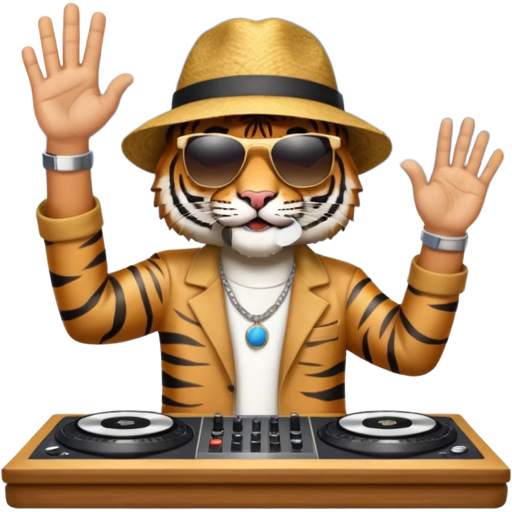 Un tigre con sombrero estilo cubano, una mesa de dj y gafas de sol. Una mano en la mesa de dj y la otra mano señalando al cielo a Dios. La otra mano encima de la mesa de dj por favor  emoji