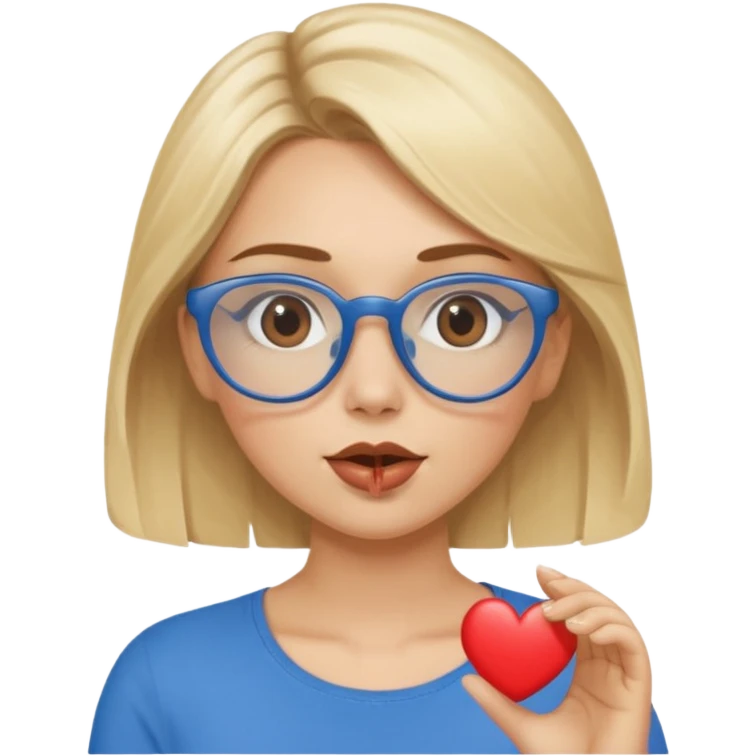 Asthectic Blonde women with brown eyes, blue glasses, waering a brown top, blowing a kiss with a small heart around her. emoji