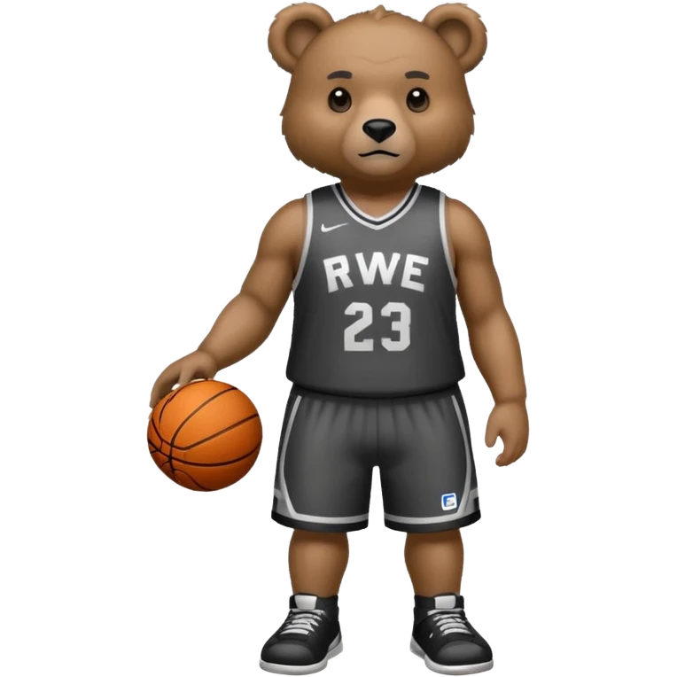 Bear with full body and wearing basketball black and gray jersey that says RWE  emoji