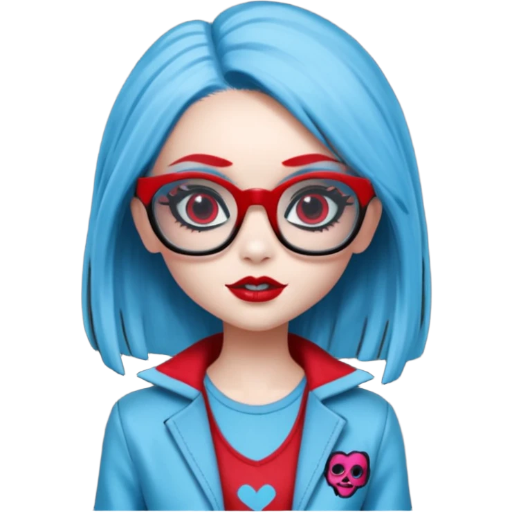 Ghoulia yelps monster high doll in scene/emo style clothes, thin, red, rectangle glasses emoji