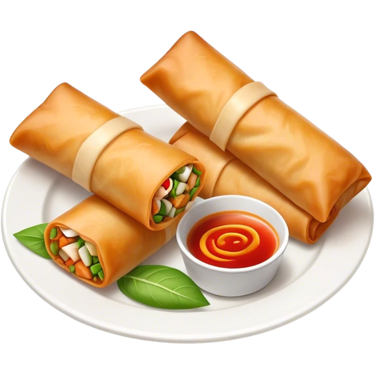 Spring Rolls Cinematic Realistic Spring Rolls Dish Emoji, depicted as 2 perfectly crisp spring rolls served with dipping sauce, rendered with lifelike textures and dynamic, appetizing lighting. emoji