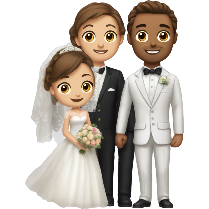 design an emoji with a bride with brown eyes and brown hair, standing next to her groom with brown hair and blue eyes emoji