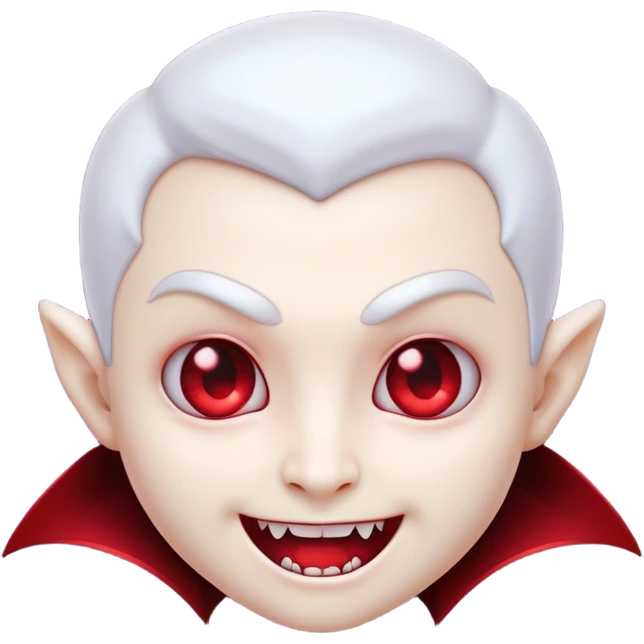 Cinematic Cute Vampire Portrait Emoji, with a refined yet playful small, rounded pale face accented by tiny, cute fangs and bright, twinkling eyes, sporting miniature elegant dark attire with a hint of crimson, simplified yet irresistibly charming, highly detailed with a soft glowing outline that captures the delightful duality of spooky sweetness and stylish allure! emoji