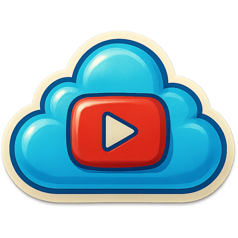A cloud with a YouTube play button symbol inside it, representing views on YouTube, in a colorful and vibrant emoji style with a blue color scheme and a sky background emoji