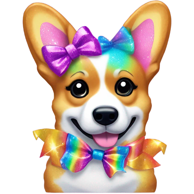 Lisa frank rainbow glitter corgi with ribbon bow on head emoji