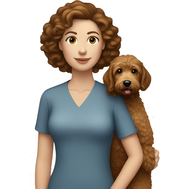White Woman with brown hair holding a golden doodle  emoji