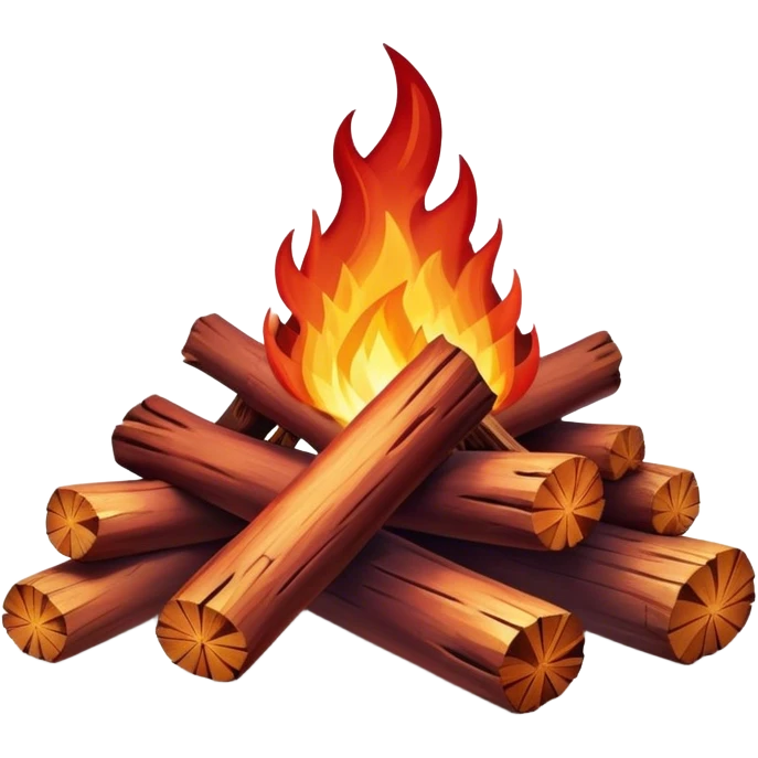 Cinematic Realistic Campfire, a roaring flame crackling atop carefully arranged logs, embers glowing deep red, golden light casting soft flickering shadows, gentle smoke drifting upwards, glowing with warmth and coziness. emoji
