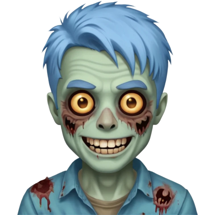 я мужчина, цвет волос пепельно синий, стрижка как у футболиста Yamal сделай меня в стиле зомби и ещё сделай с Улыбкой крутой и поменяй стрижку больше объемной зделай emoji