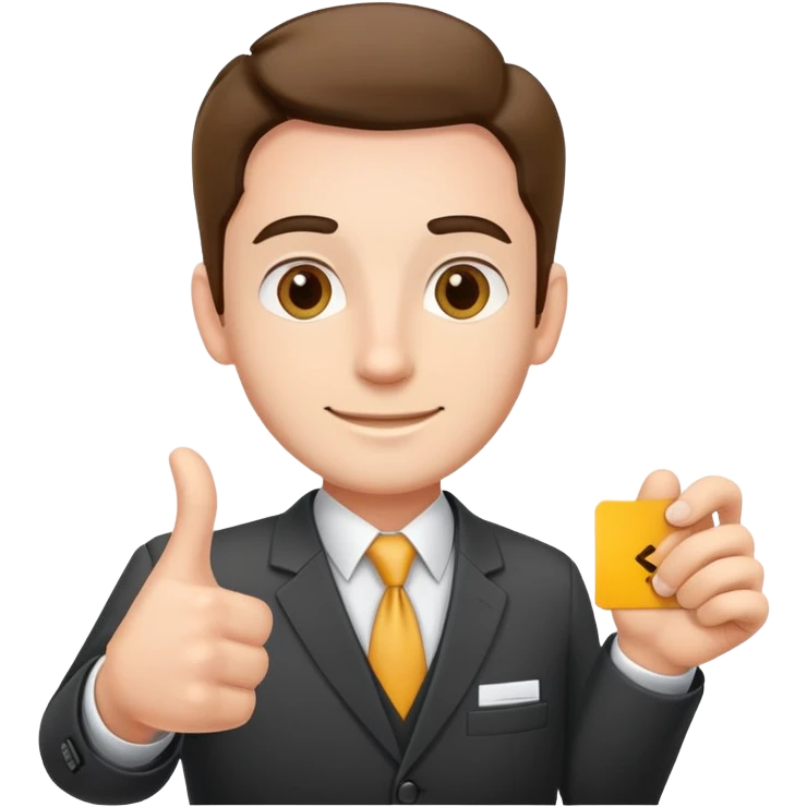 friendly salesman with a name tag, open hand gesture, business attire emoji