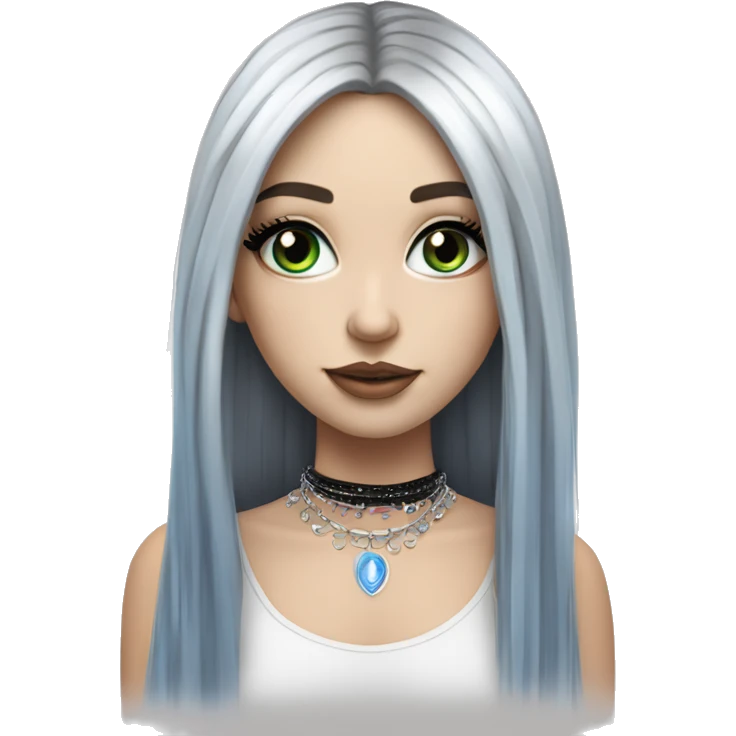 Hyperrealistic white girl with blue eyes and long black hair with rainbow fringe. Wearing cute black & silver choker necklace has dark eye makeup on her eyes emoji