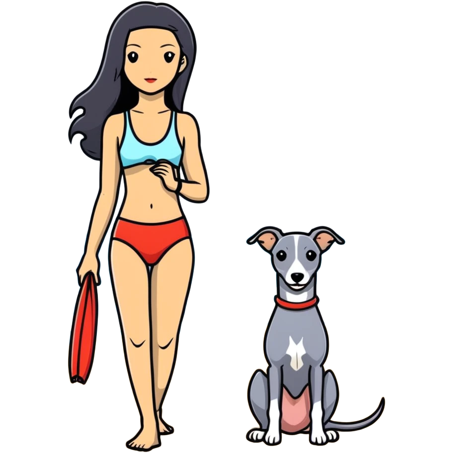 Slim Chinese woman with long black hair in appropriate beach attire at the beach with her completely solid grey Italian greyhound, the dog has absolutely no white markings anywhere, not on face or paws, solid grey color throughout entire body emoji