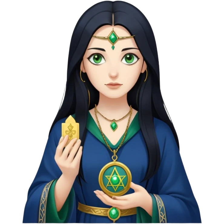 woman with fair skin, long black hair, and piercing green eyes. She wears a simple, dark blue robe with subtle gold accents and a mystical pendant. She holds a tarot card in one hand emoji