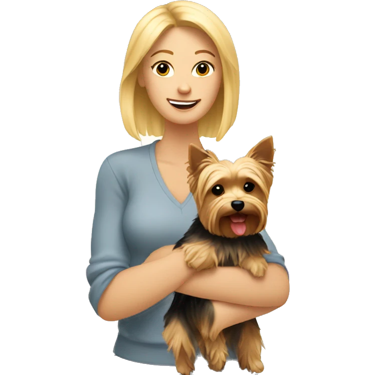Blonde woman holding yorkie in sunlight emoji