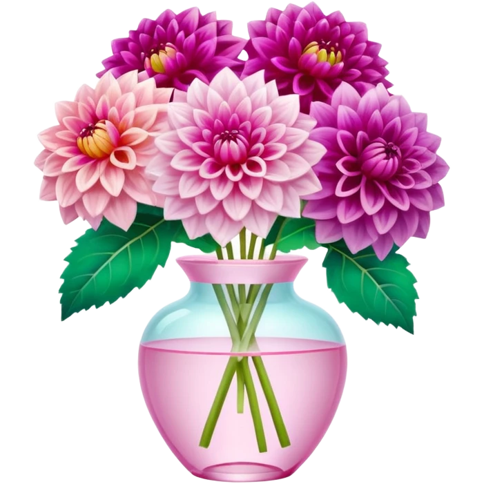 4k quailty, 8000x8000px resolution, hyperrealism, ultra detailed, very full lush Dahlias in bright and vivid colors with blooming petals, in a crystal translucent pale pastel pink vase, with a large 3D bow around vase. Still life, masterpiece  emoji