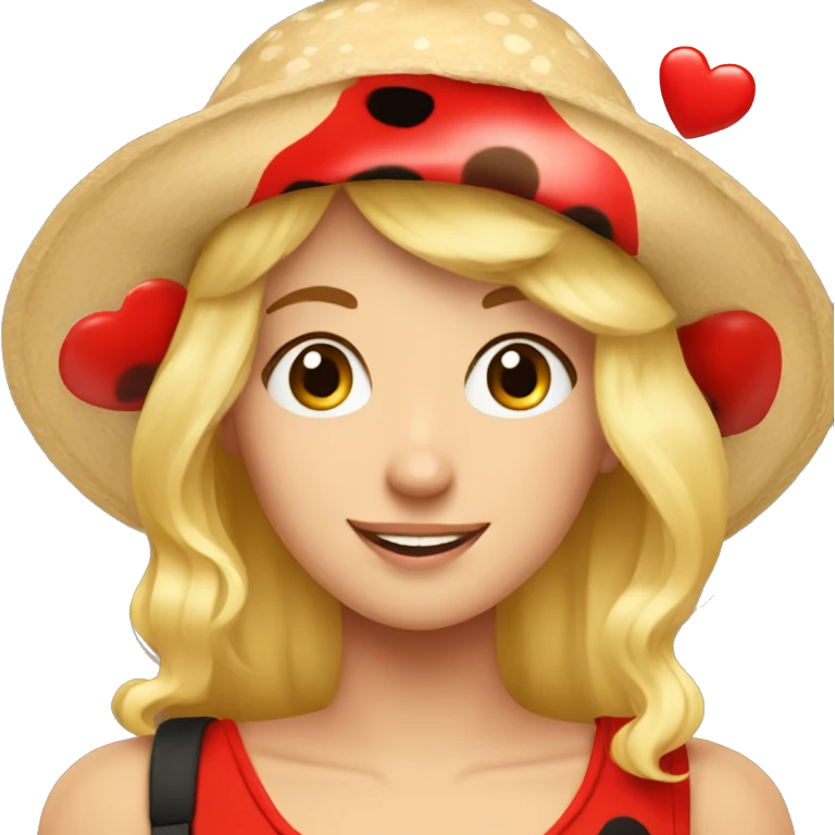 Blonde husban wearing a ladybug hat with hearts emoji