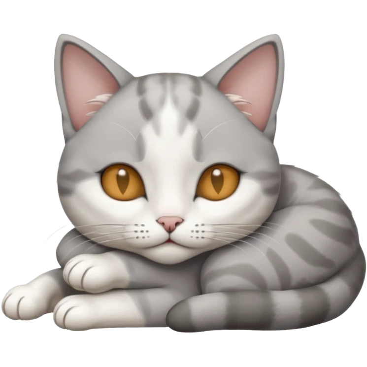 grey and white small cat with eyes closed lying down with its head resting own paw emoji