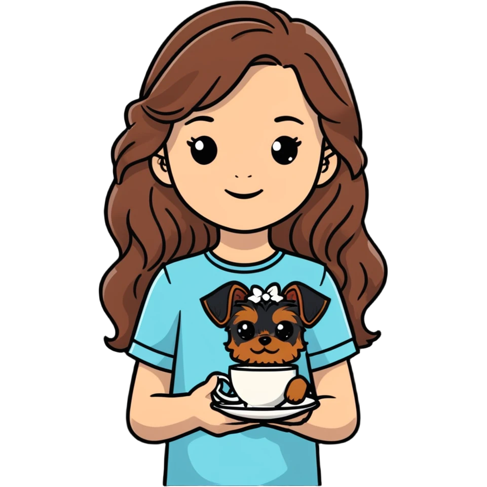 11 year old girl with freckles and long wavy brown hair, holding a teacup yorkie dog emoji