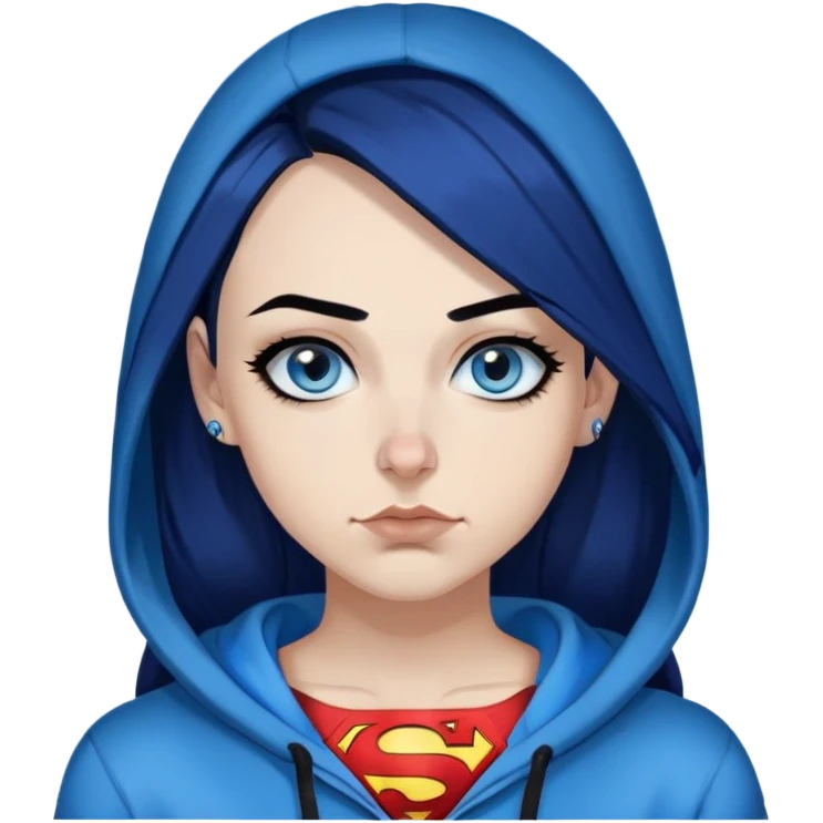 Laughing-30-year-old-adult-long-straight-dark-blue-hair-black-ends-blue-eyes-thick-black-eyeliner-really-thick-really-long-eye-lashes-sky-blue-superman-no-ears-hoodie-sweatshirt-nose-piercing-lip-piercing emoji